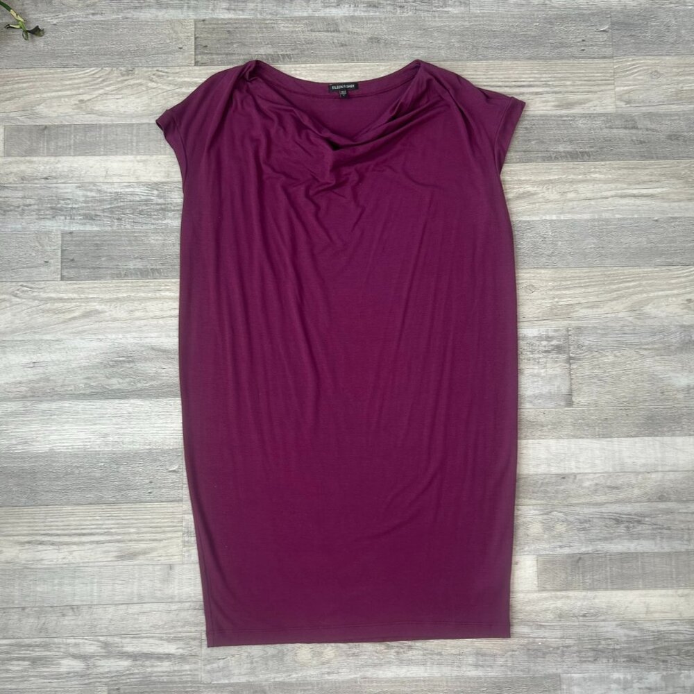 Eileen Fisher Purple Knit Cap Sleeve Drape Collar Dress Size Small E47